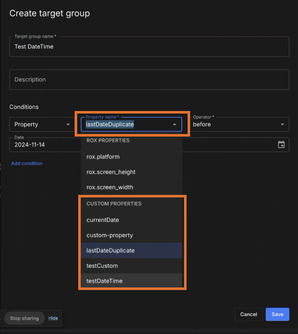 Target group properties dropdown