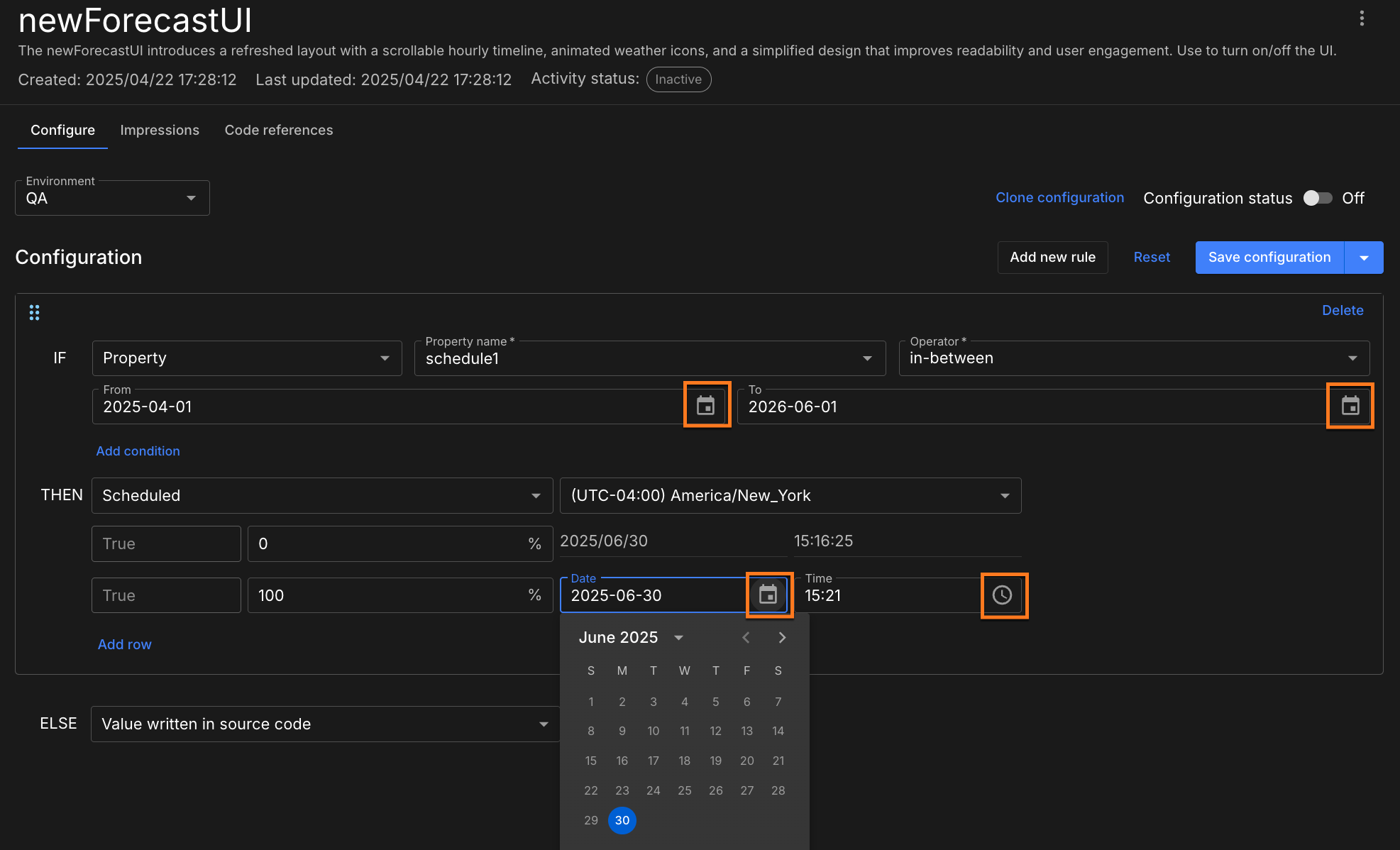 Figure 6. Scheduled flag example with date and time controls highlighted. Date and time icons