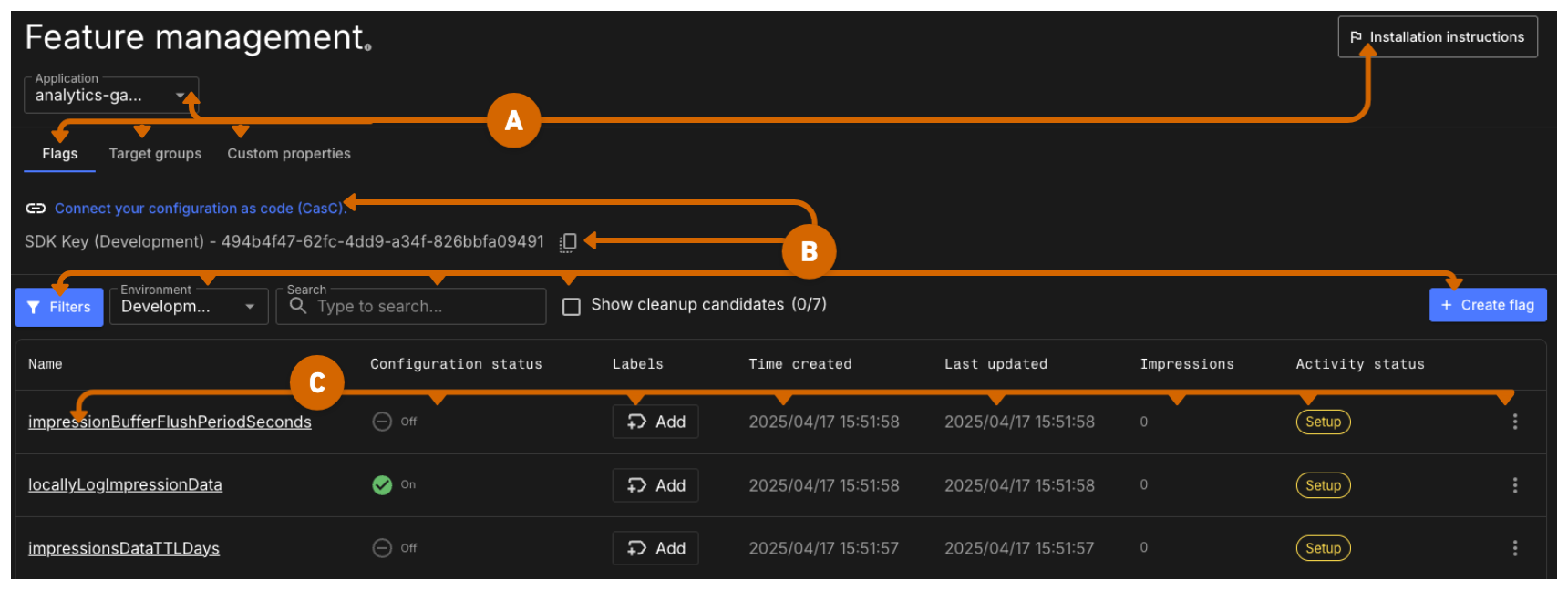 Figure 2. Flags overview page with available options. Flags overview page options