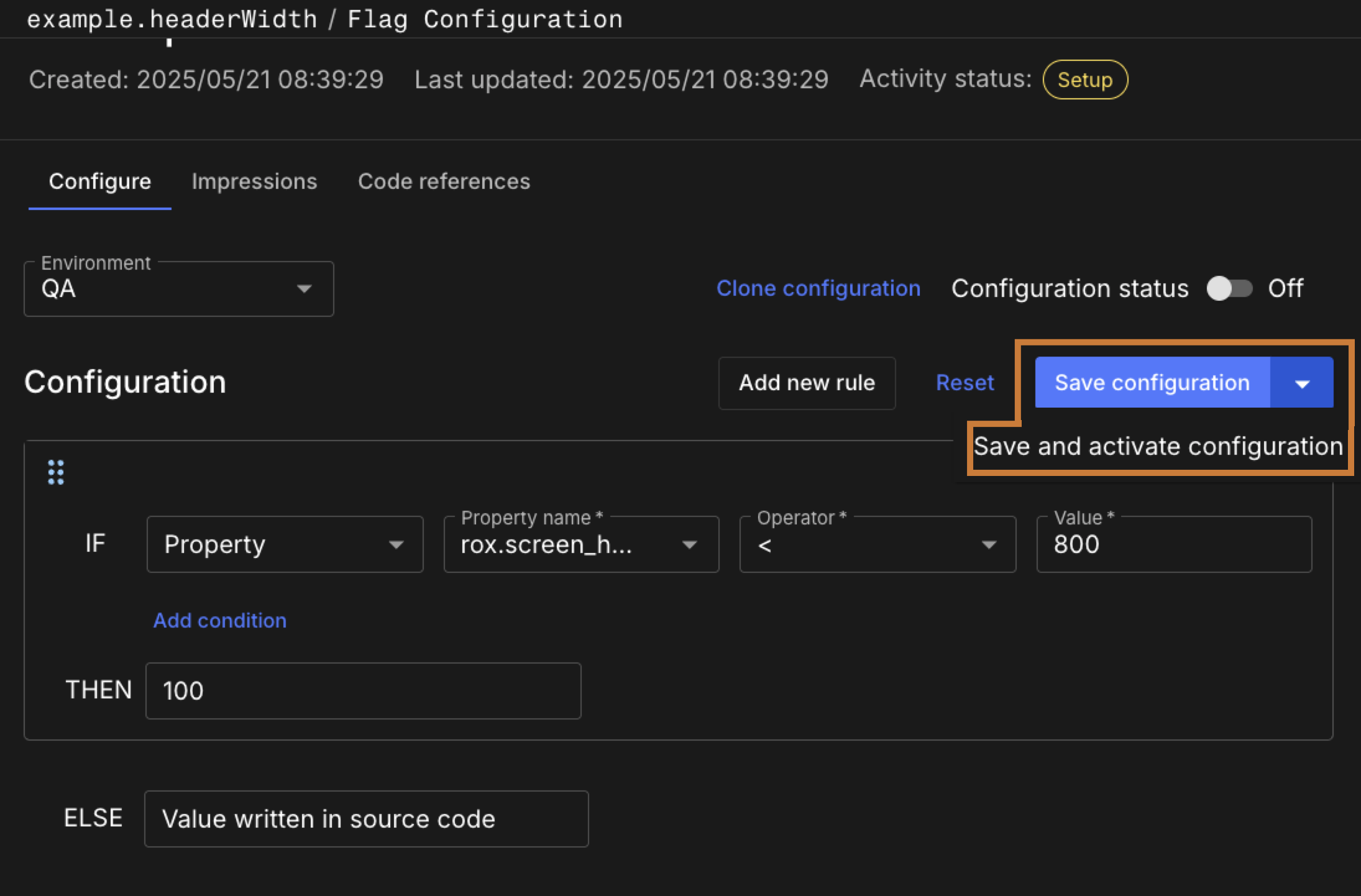 Figure 4. A number flag property condition with save options highlighted. Add condition