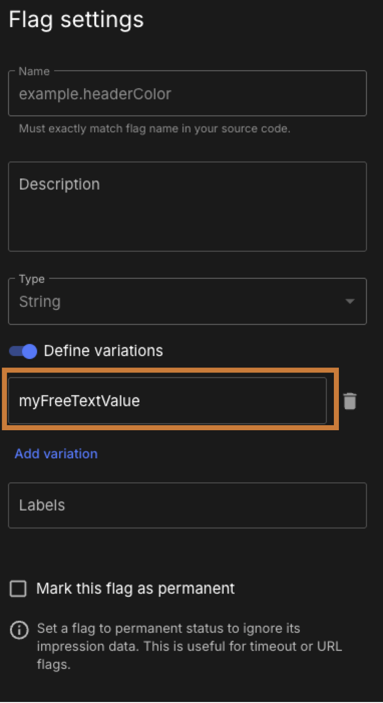 Figure 3. A string flag with entered free text highlighted. Add free text