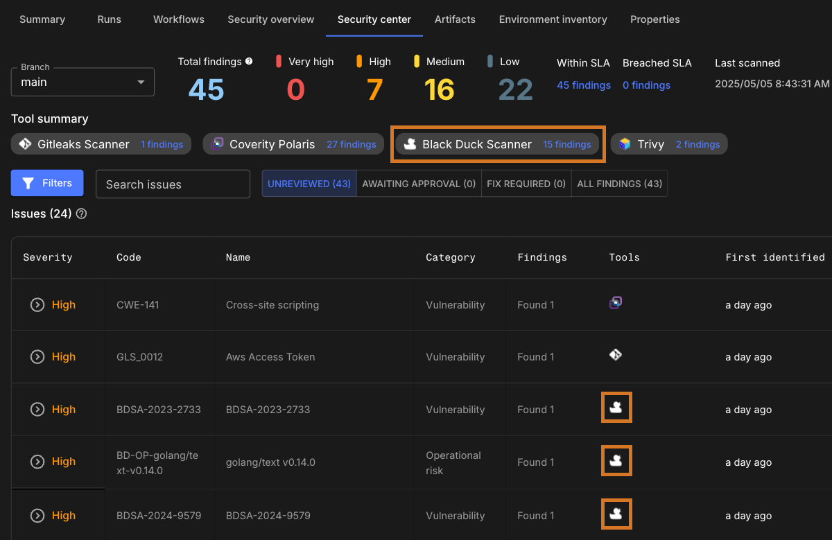 Figure 1. Example Black Duck scanning results highlighted. Black Duck results in security center