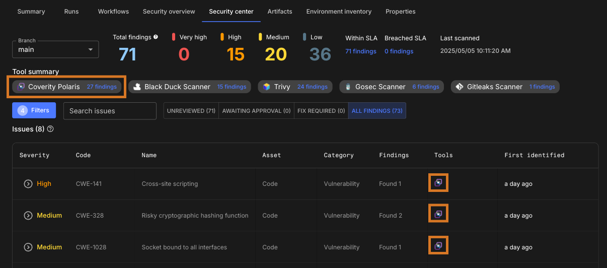 Figure 1. Example Coverity scanning results highlighted. Coverity results in security center