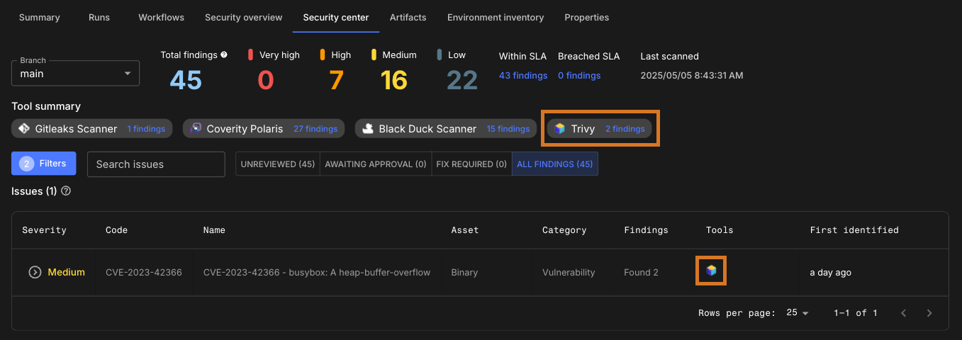 Figure 1. Example Trivy scanning results highlighted. Trivy results in security center