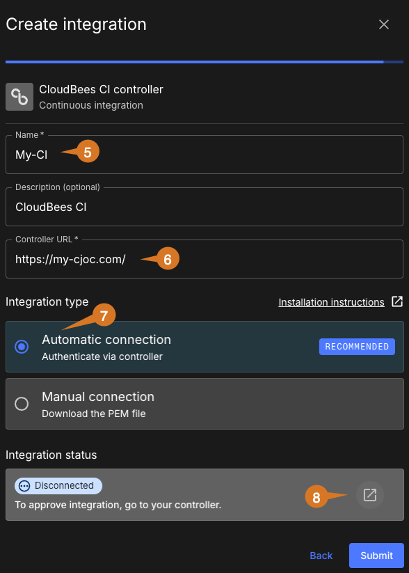 Figure 1. Creating a CloudBees CI integration with an automatic connection. CI integration