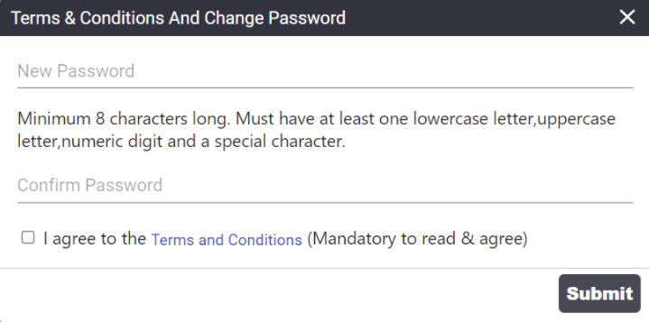 Terms and Conditions and change password