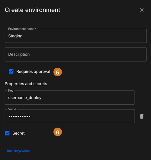 Figure 3. Environment created with a manual approval and a secret. Create environment