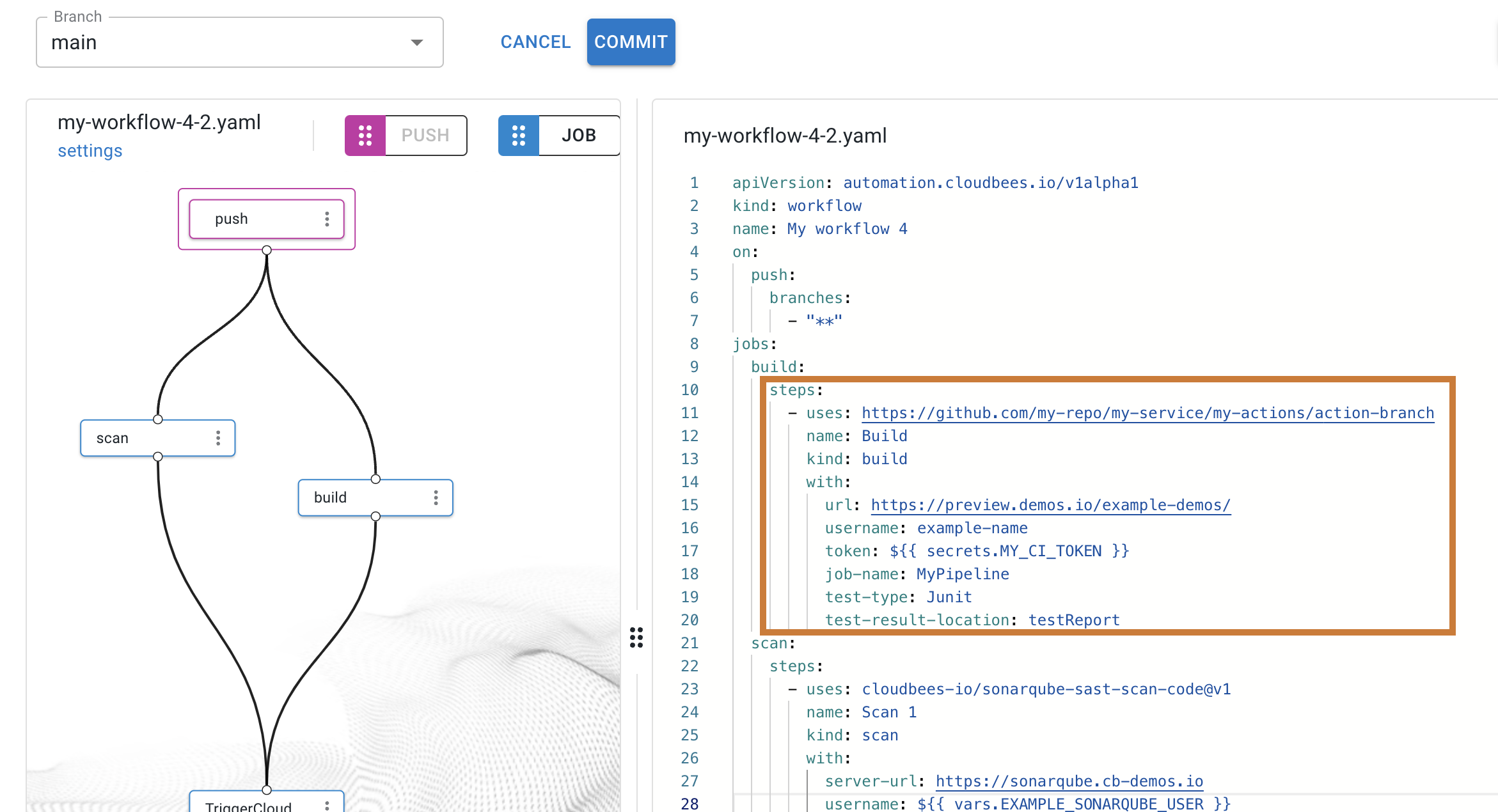 Figure 2. A composite action referring to a different repository is highlighted. Composite action