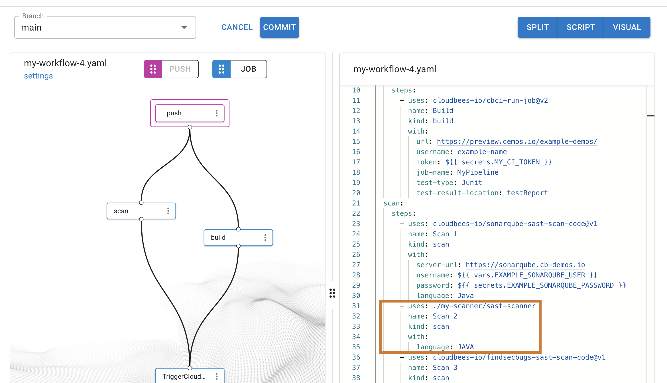 Figure 1. Scan 2, highlighted, uses a local child action. Local scan action