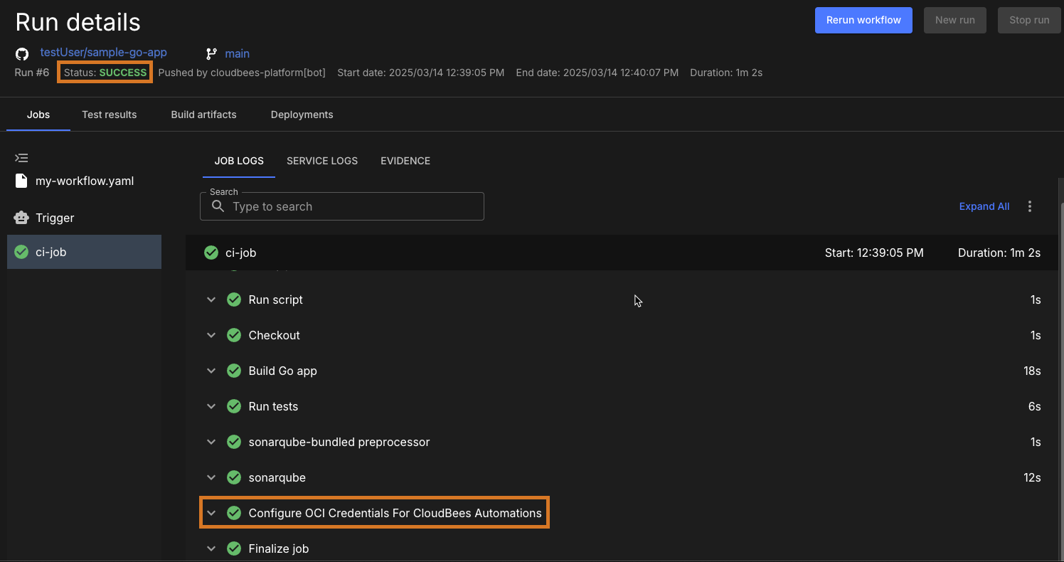 Figure 2. Successful run with sign-in step highlighted. Successful run
