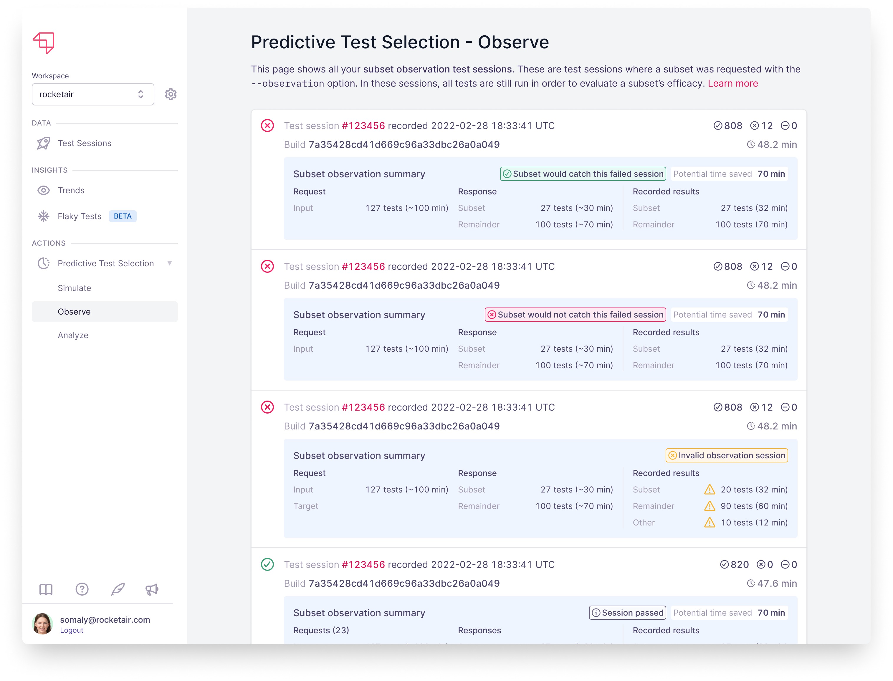 predictive test selection observation mode