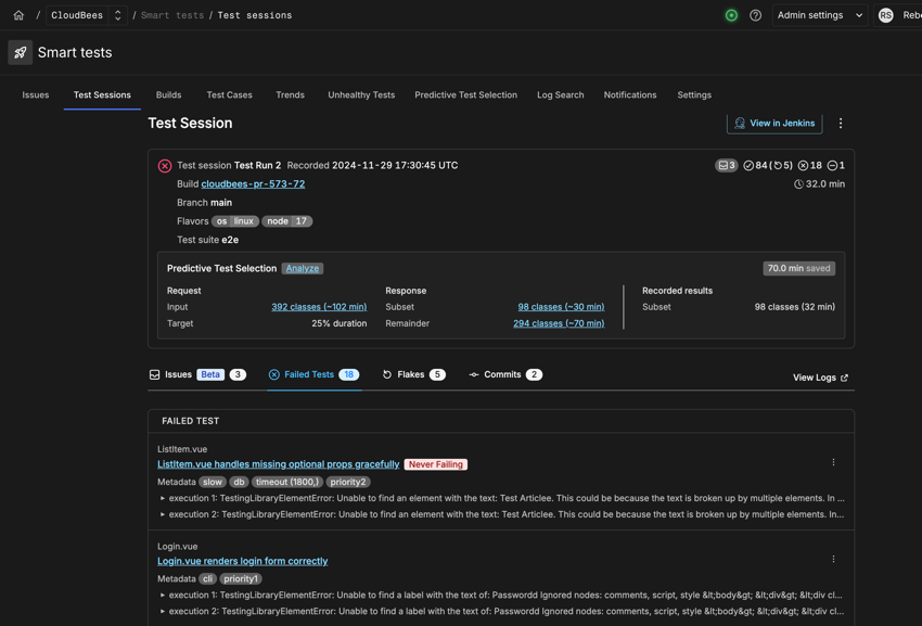 Test session tab on dashboard