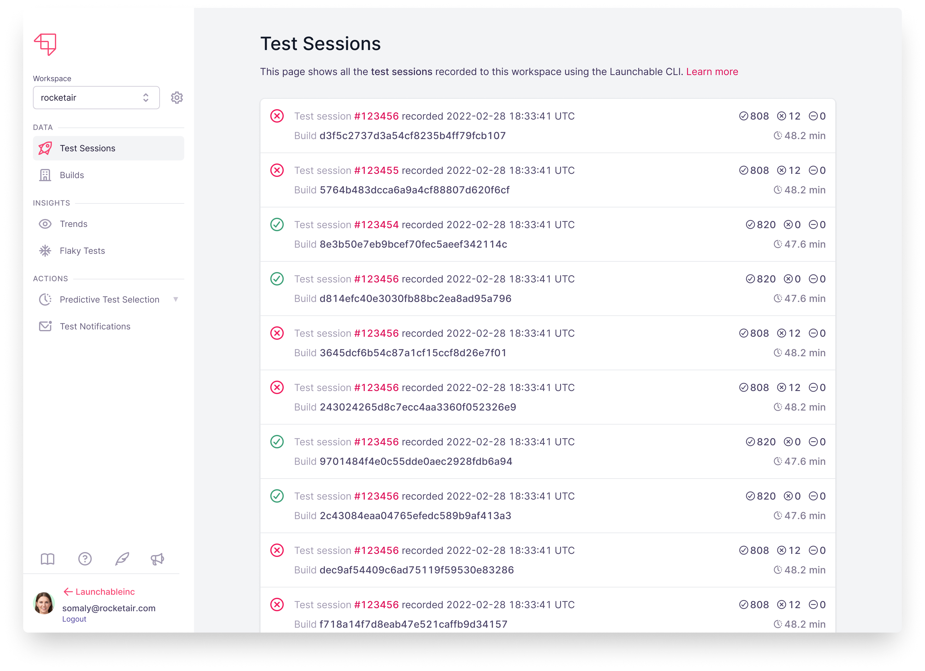test sessions layout