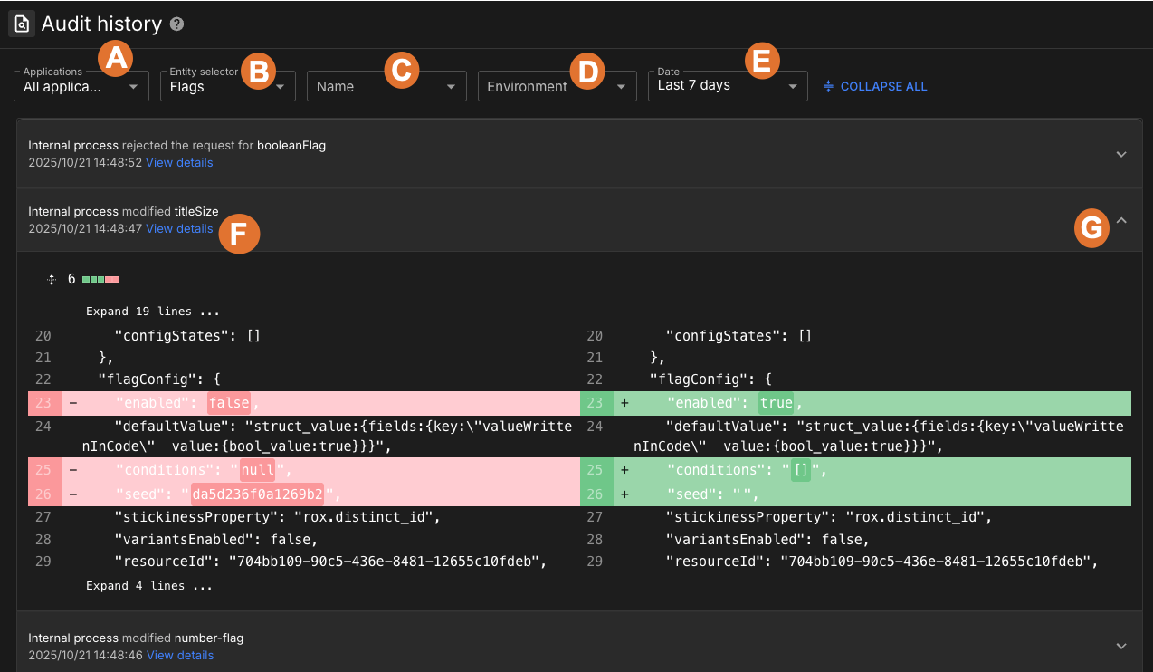 Audit history screen showing *View details* comparison