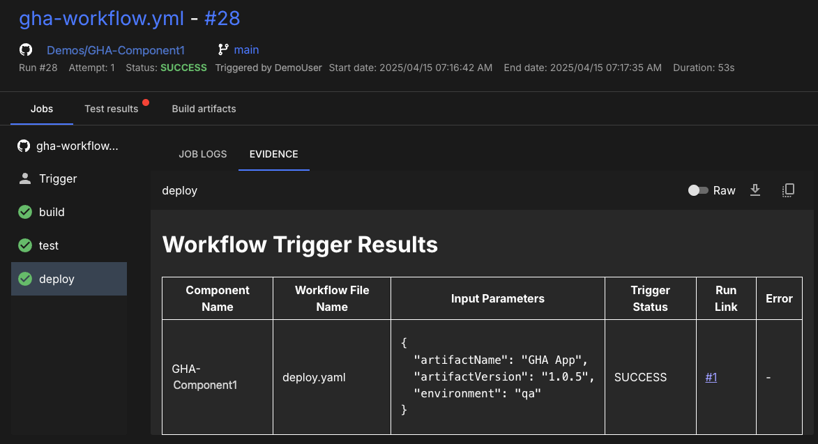 Deploy evidence displayed