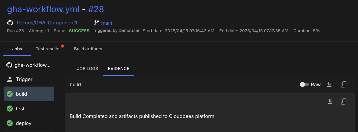 Build evidence displayed