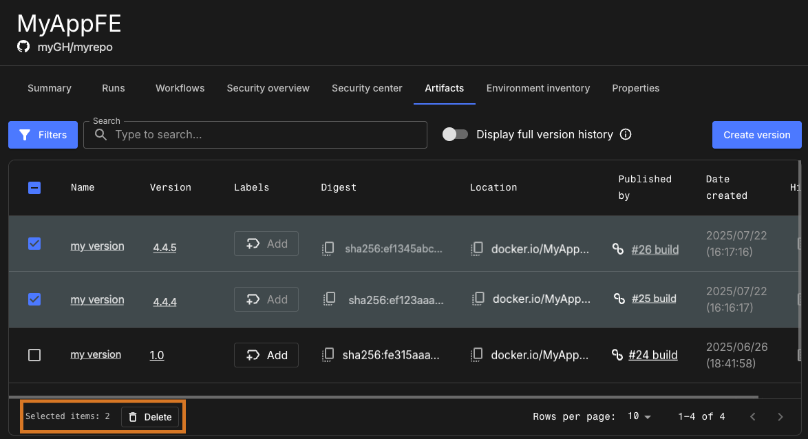 Bulk delete versions